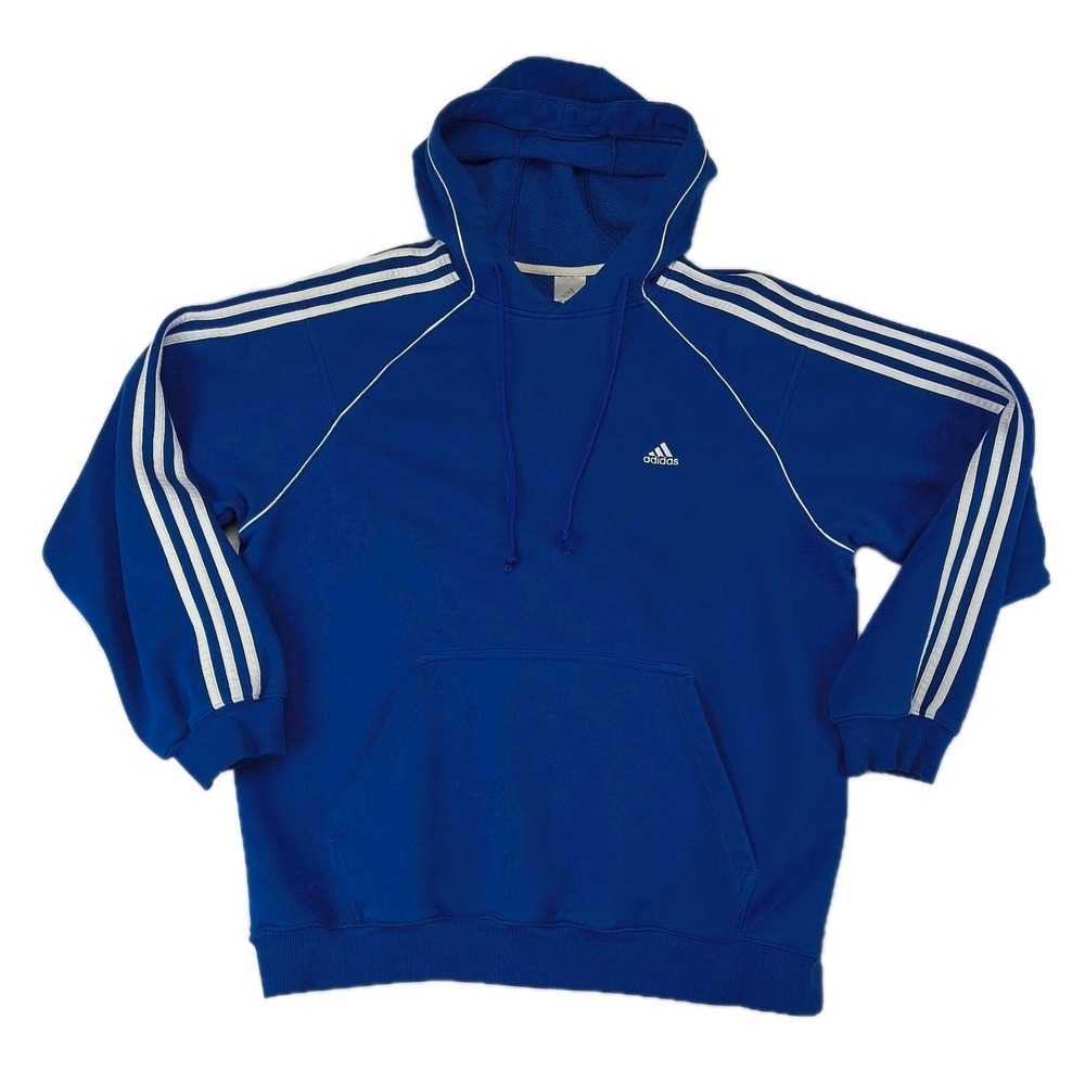 Adidas Mens Large Blue 3-Stripes Raglan Pullover Hoodie Sweatshirt Vintage Style